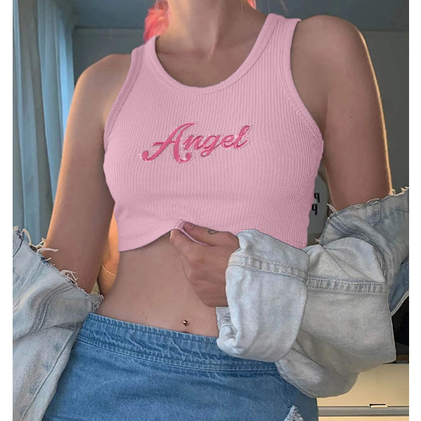 Rib-Knit Crop Tank Letter Embroidery Cami Tops pink L
