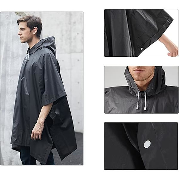 1 stk Sort Regnponcho, Vandafvisende Regnponcho, Genanvendelig Regnkappe, til