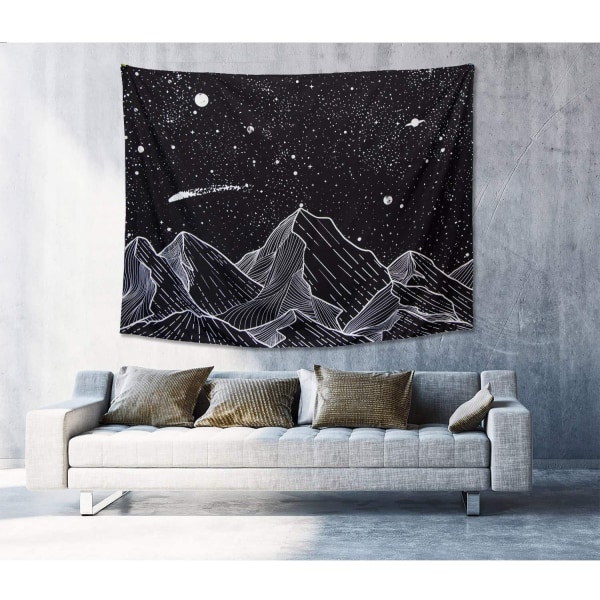 Berg Moon Gobeläng Vägg Hängande Stjärnor Svart och Vit Konst Kran