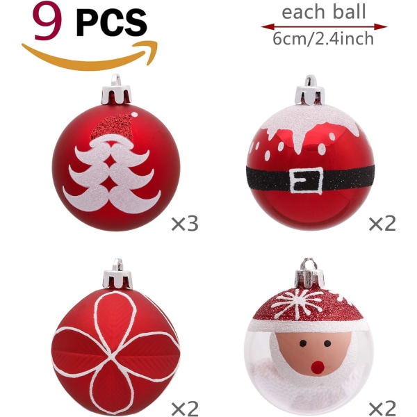 9pcs 6cm Christmas Baubles, Christmas Tree Baubles, Red and White