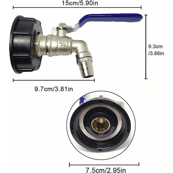 2 stk. Forkrommet messingkrantilkobling for IIBC-tank 3/4 dobbeltkran