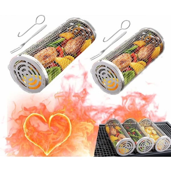 2-pak grillkurv i rustfrit stål, 2 kroge og 2 gafler. rulle