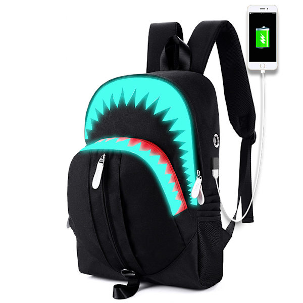 Luminous Backpack Shark Laptop Ryggsäck USB Charging School Bag W