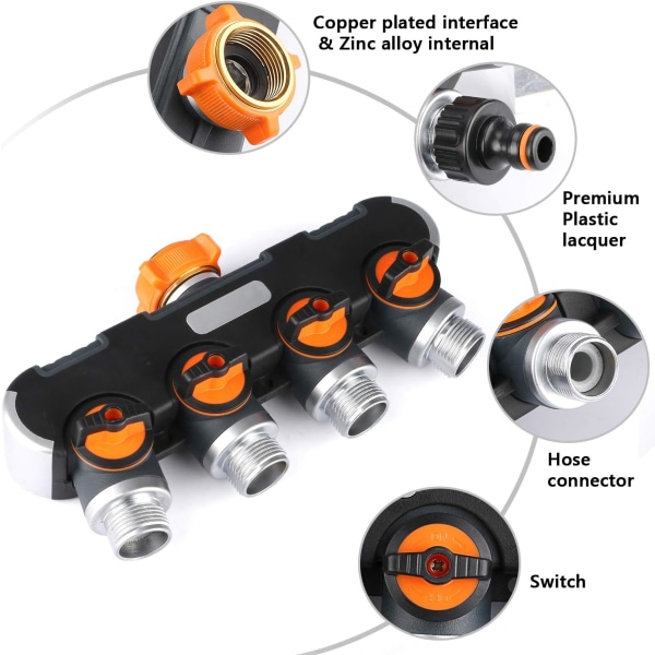 4-vejs fordeler, slangedeler, justerbar og låsbar vandhane
