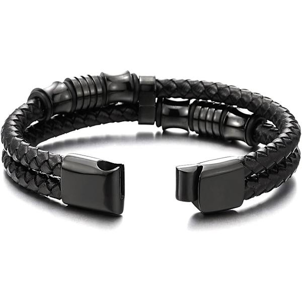 Herre Dobbelt-Række Sort Flettet Læder Armbånd Bangle Armbånd w