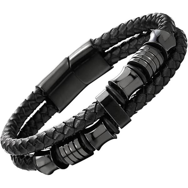 Herre Dobbelt-Række Sort Flettet Læder Armbånd Bangle Armbånd w