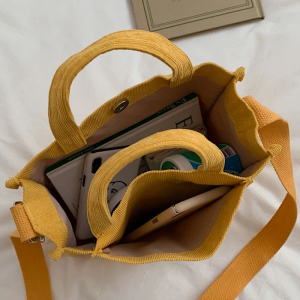 Cordfløjls Casual Dame Tote Skuldertaske Retro Art Lærred Crossbody Tasker til Kvinder 2022 Bomuld Lynlås Håndtasker Luksus Designer, 1stk-gul.