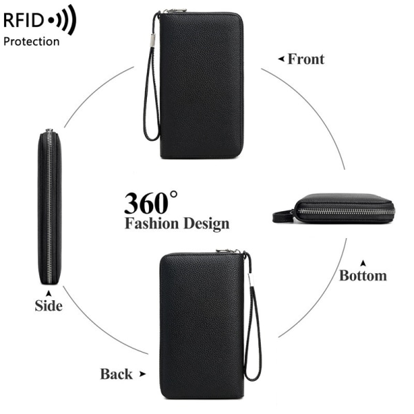 Kvinders RFID-blokerende tegnebog Læderlynlås Mobiltelefon Clutch Lar