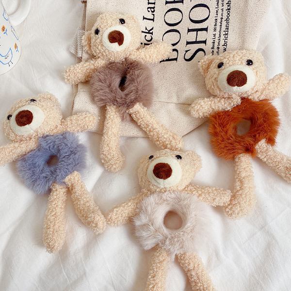4 søte bjørne hårstrikker kanin plysj hår scrunchies sett, Plu