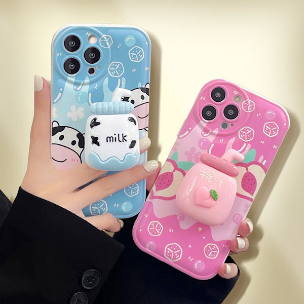 Yhteensopiva iPhone 13 -kotelon kanssa, maito, jossa on jalusta, söpö kuvio, pehmeä