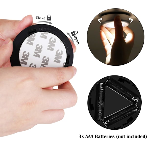 Sæt med 6 LED-spotlamper, selvklæbende natbelysning drevet af 3