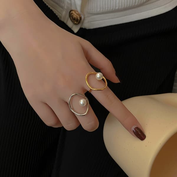 Gullfarget åpen falsk perle ring, dame ring