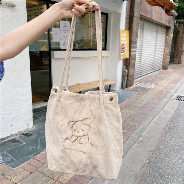 Kvinners store kapasitet kordfløyel tote bag øko gjenbrukbar handlepose søt bjørn skulderpose jenter studenter casual håndveske, 1 stk.
