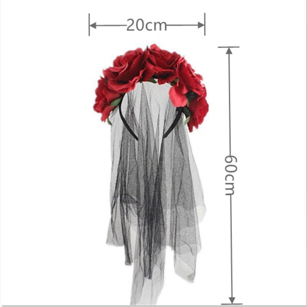 Sort Blomsterkrone Hårbøjle Gotisk Brudeslør Halloween Tiara Hårbøjle Rose Hovedbeklædning Kvinder Piger Blomster Hovedbeklædning Hårbøjle med Slør til Halloween Pa