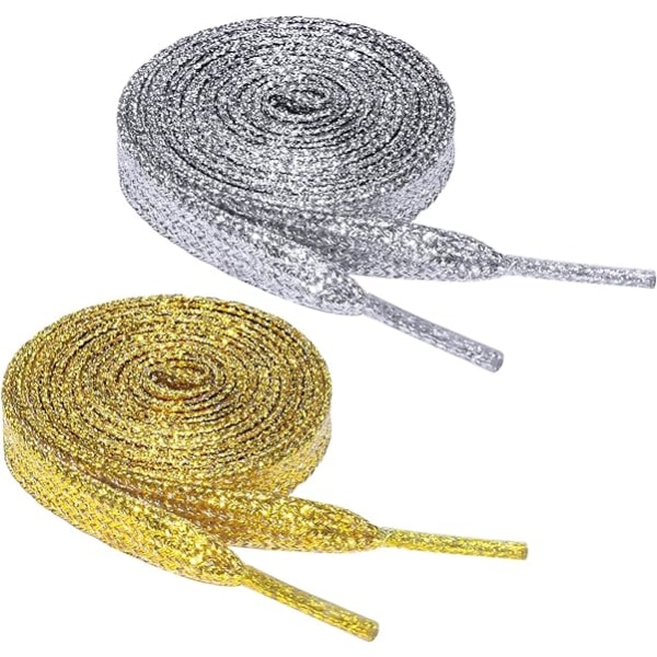 2Pairs Glitter Flat Shoelaces, Shiny Metallic Shoe Laces, 10mm Re