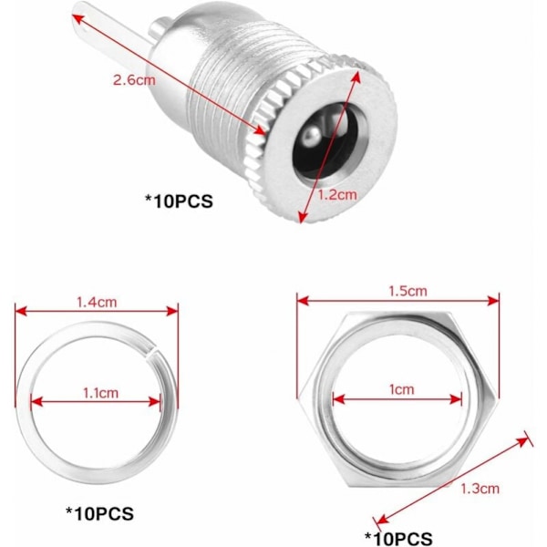 10 stk. hun-jack-stikadapter, 5,5 x 2,1 mm, med støvtæt hætte, til bærbar computer/lyd/video/telefon/CCTV og andet elektronisk udstyr