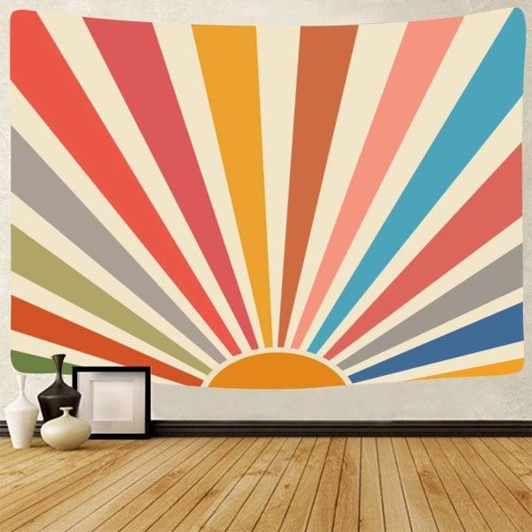 Vintage Sun Tapestry Boho Vegghengende Retro 70's Rainbow Sunrise