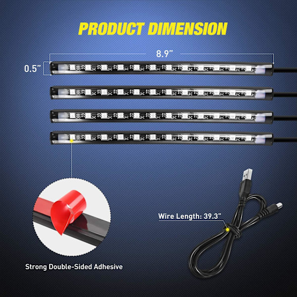 48 LED USB Interiørlys DC 5V Multicolor Musik Bil Strip Ligh
