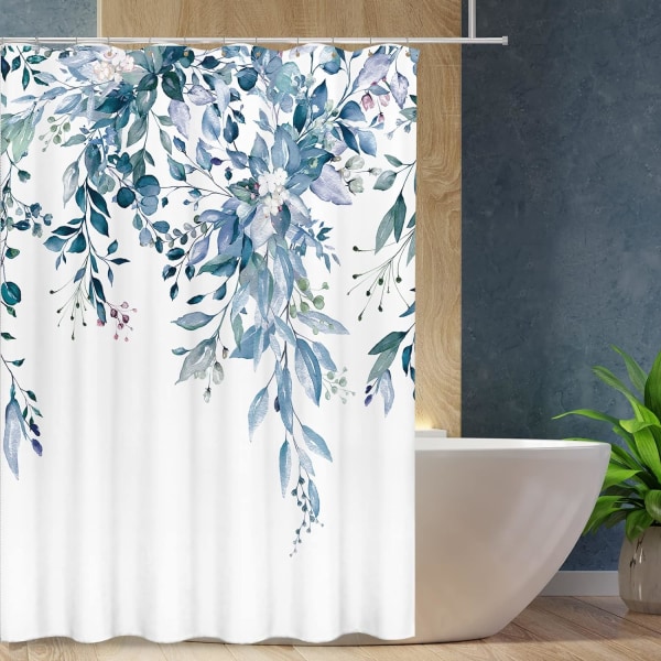 Blå eukalyptusblad Duschgardinset, akvarelllöv på