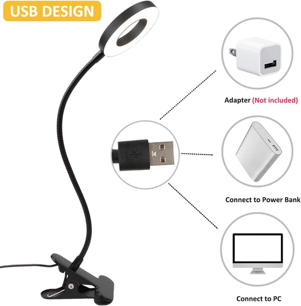 USB Sort Klemme Skrivebordslampe, 48 LED, 3 Farver og 10 Dæmpbare Intensiteter