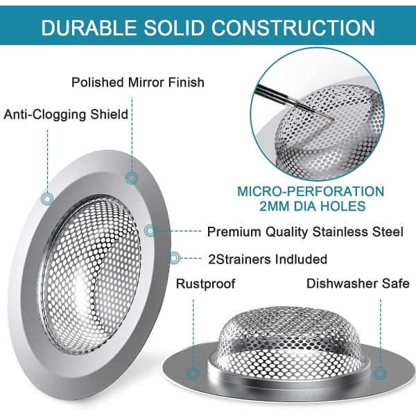 Kjøkkenvask sil, 2-pakning rustfritt stål vaskavløp sil