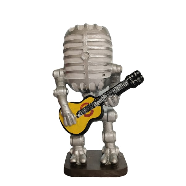 Retro stil mikrofon robot lampa håller retro gitarr, retro mikro