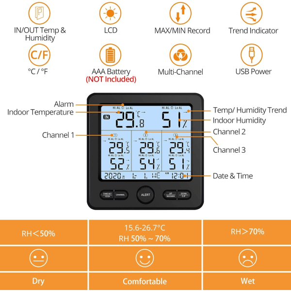 Langaton sääasema, lämpömittari 3 ulkoanturilla, sisä- ja ulkolämpötila ja kosteusmittari, herätyskello, hymiökasvot, USB-virtalähde, 300ft/91m