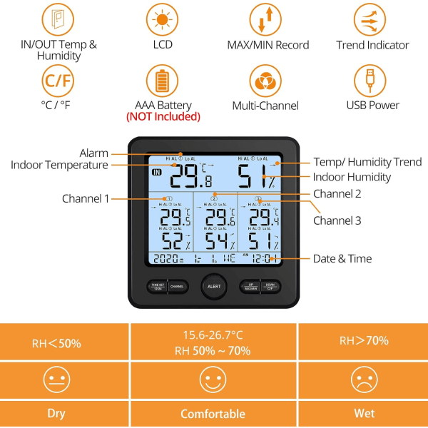 Trådløs vejrstation, termometer med 3 udendørs sensorer, ind