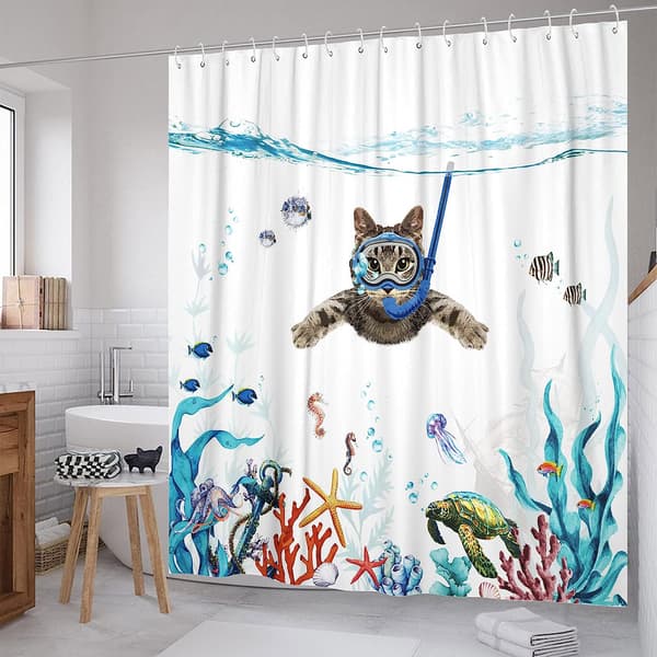 Hauska kissa suihkuverho setti sininen meri valtameri vedenpitävä kangas