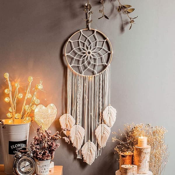 Macrame Drømmefanger, Stor Vævet Fjervægophæng Kvaster D