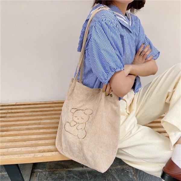 Kvinners store kapasitet kordfløyel tote bag øko gjenbrukbar handlepose søt bjørn skulderpose jenter studenter casual håndveske, 1 stk.