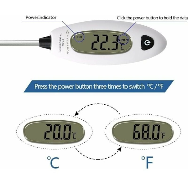 Digital Kökstermometer med Lång Sond, 5 Sekunders Direktavläsning, Stor LCD-Display, Kötttermometer, Grillning, Bakning, Badvatten
