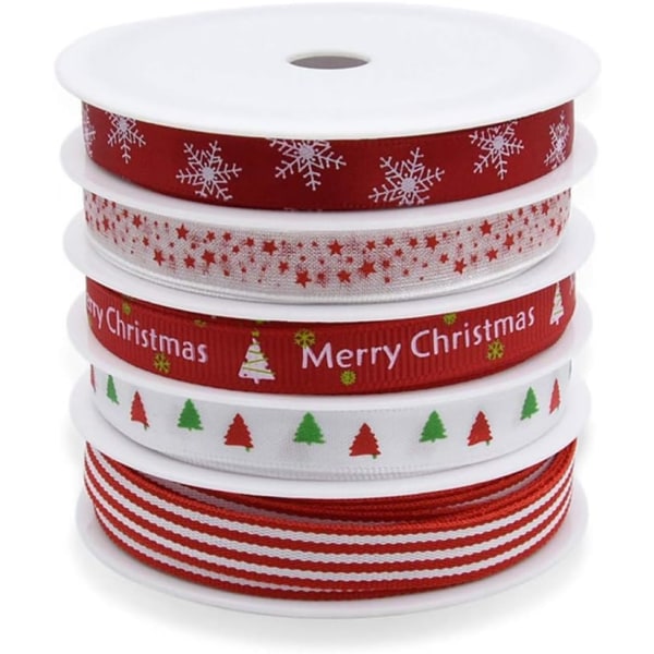 5 Stk Christmas Grosgrain Bånd Farverige Dobbeltsidet Polyester