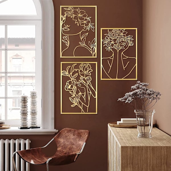 3 deler metallveggdekor Kvinneform Veggdekor Metallsculptur