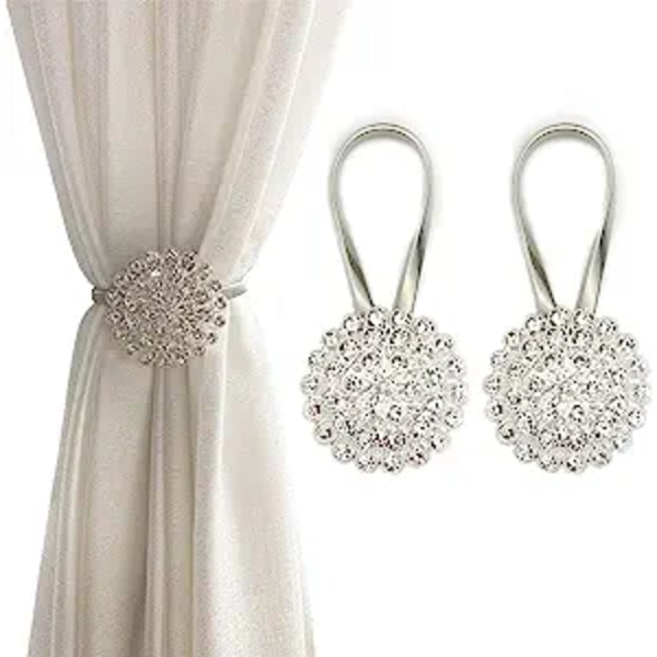 Curtain Magnetic Tie, 2-Pack Shiny Crystal Flower Curtain Tie Bu