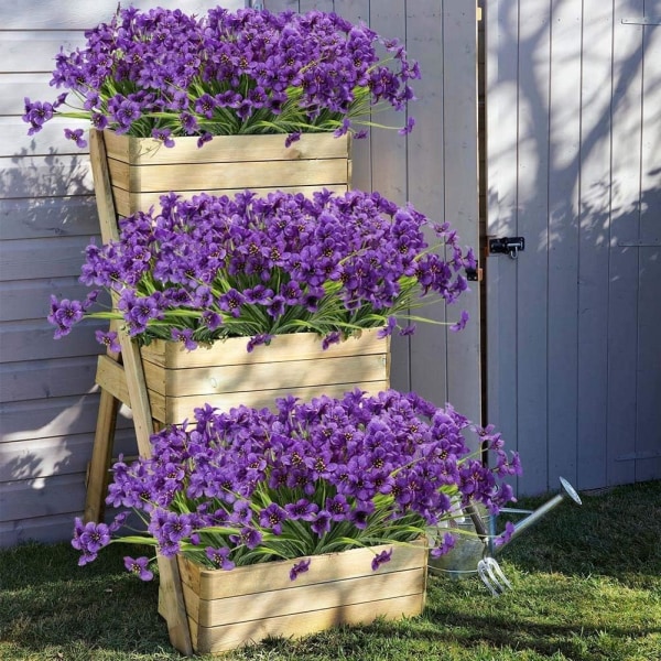 Kunstige violette blomster, 6 stk. kunstige plastikblomster, udendørs