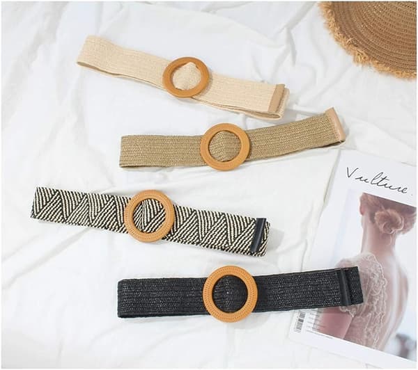 Kvinnors smala klänningsbälte, mode halm vävd elastisk stretch midja