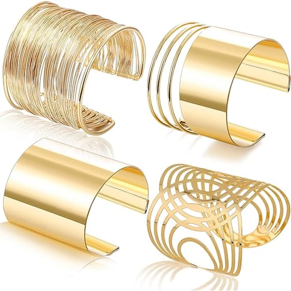 Set med 4 manschettarmband för damer, öppna breda linjearmband i guld