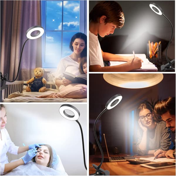 USB Sort Klemme Skrivebordslampe, 48 LED, 3 Farver og 10 Dæmpbare Intensiteter