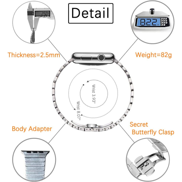 Metallista ruostumattomasta teräksestä valmistettu linkkikelloremmi yhteensopiva Apple iWatch Series 8:n kanssa/
