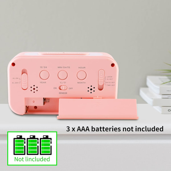 Digitalt Vækkeur med Rumtemperatur, Batteridrevet, Snooze-funktion (Pink)