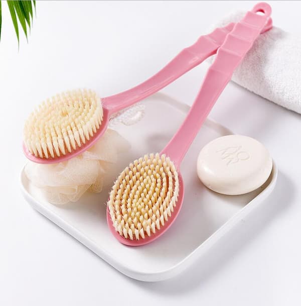 Badebørste med børster og luffa, rygskrubber til badet