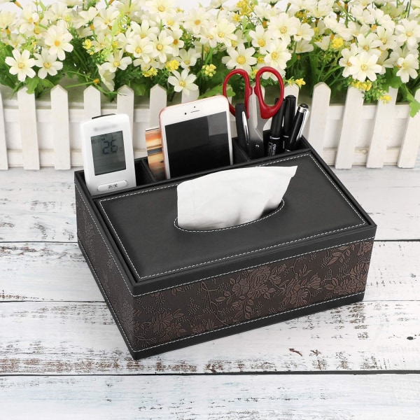 PU Leather Tissue Box Rectangular Tissue Dispenser with 3 compart