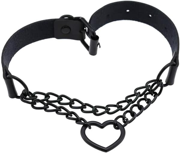 PU Mock Leather Sort Gotisk Punk Hjerte Ring Cubansk Curb Kæde Adj