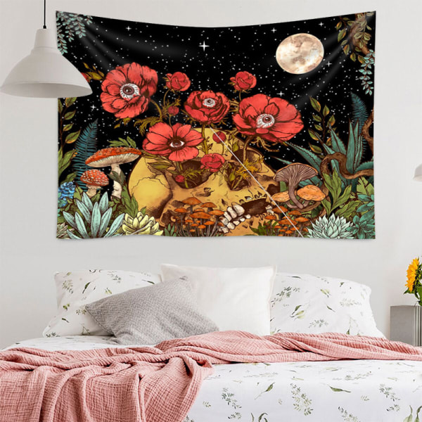 Dödskalle Blommig Gobeläng, Trippy Svampskelett Goth Trädgård Aesth