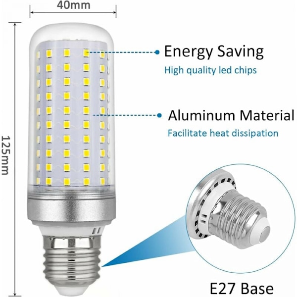 E27 LED Majskolvlampa 30W, AC175-265V, Kallt Vit 6000K 2500LM, Ej Dimbar