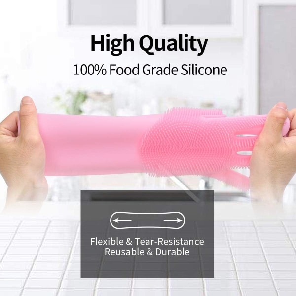 Återanvändbara magic silikonhandskar med rengöringsborste, köksredskap för rengöring, hem, disk, bil, (1 par) (rosa)
