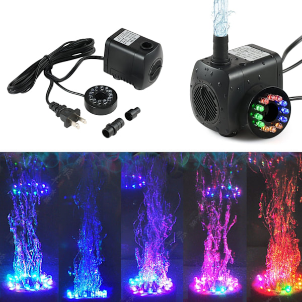 15W fontenepumpe med 1000 L/T strømningshastighet og 12 innebygde LED-lys, perfekt for dammer og hager
