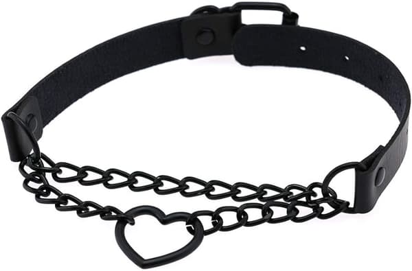 PU Mock Leather Sort Gotisk Punk Hjerte Ring Cubansk Curb Kæde Adj