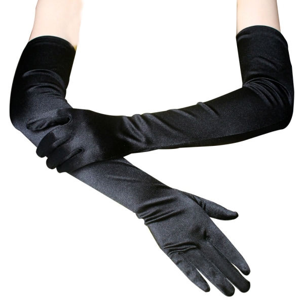 Dame Aftenhansker 54cm Lange Sorte Sateng Fingerhansker